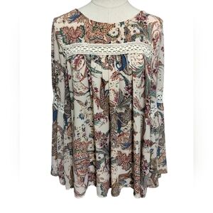 2428) Janette Plus Multicolor Lace Paisley Long Bell Sleeve Blouse Size 2X